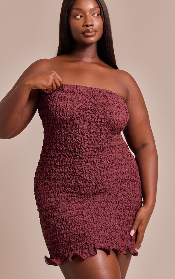 Plus Dark Red Crinkle Textured Jersey Bandeau Bodycon Dress
