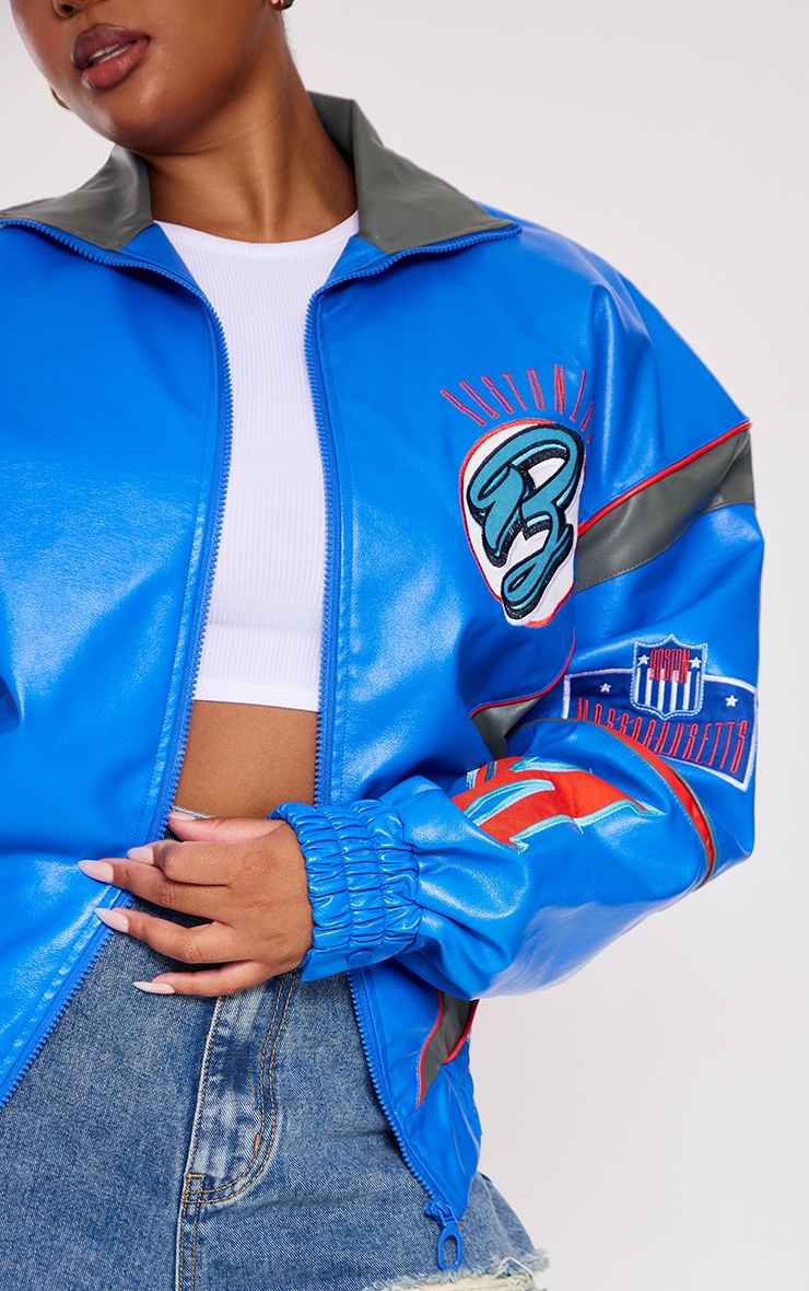 Plus Blue PU Contrast Panel Oversized Bomber Jacket image 4