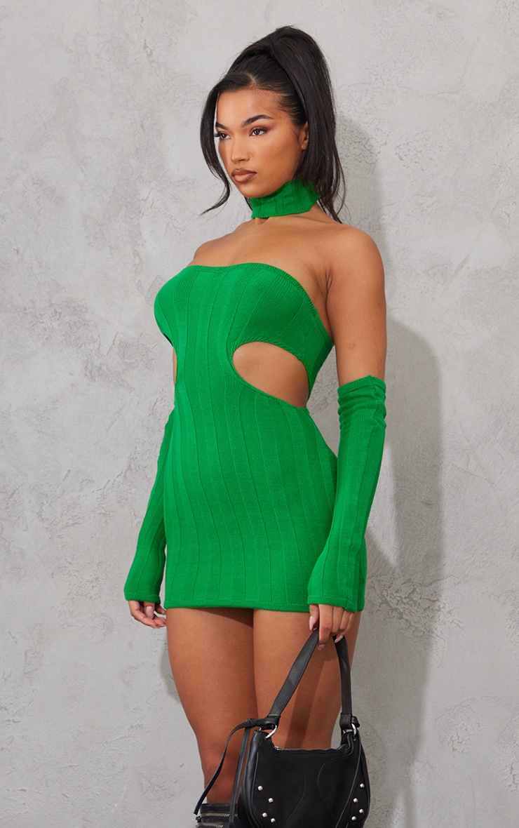 Emerald Green Wide Rib Knit Cut Out Dress & Sleeves & Collar image 3