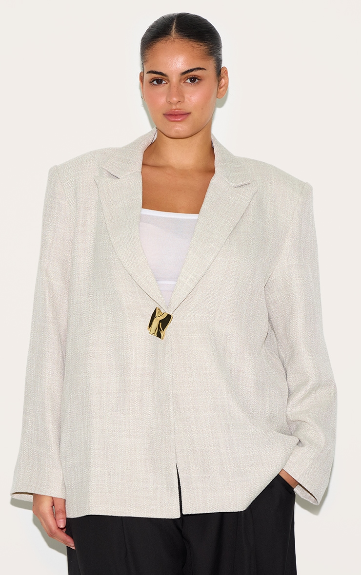 Plus Beige Button Detail Linen Boxy Blazer image 1