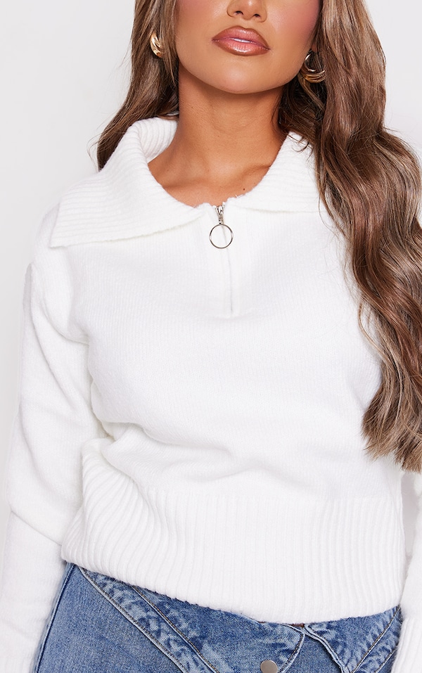 White Half Zip Knit Crop Jumper Knitwear PrettyLittleThing