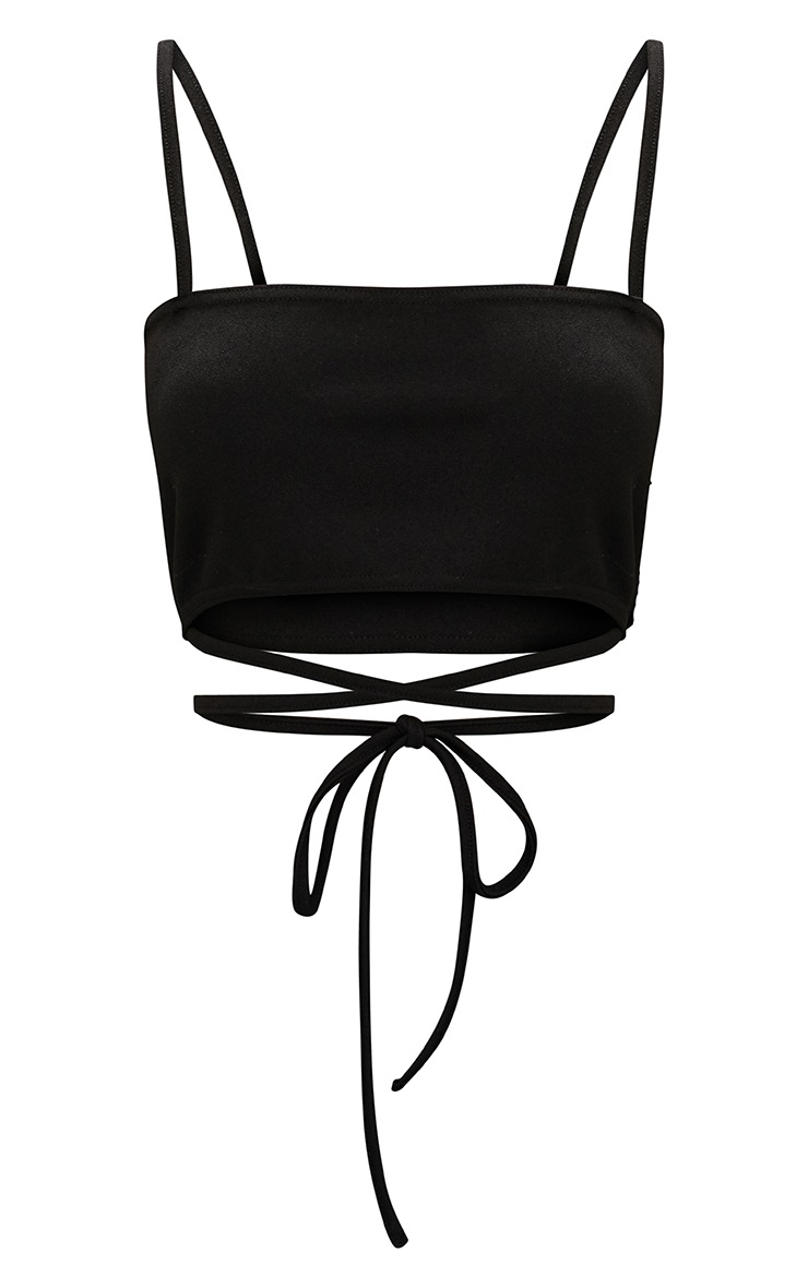 Black Strap Tie Waist Crop Top Tops PrettyLittleThing IE