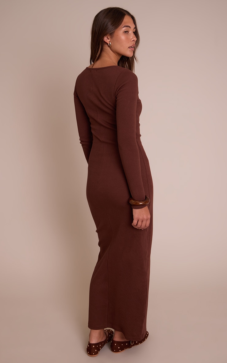 Chocolate Ribbed Boat Neck Long Sleeve Bodycon Maxi Dress image 2