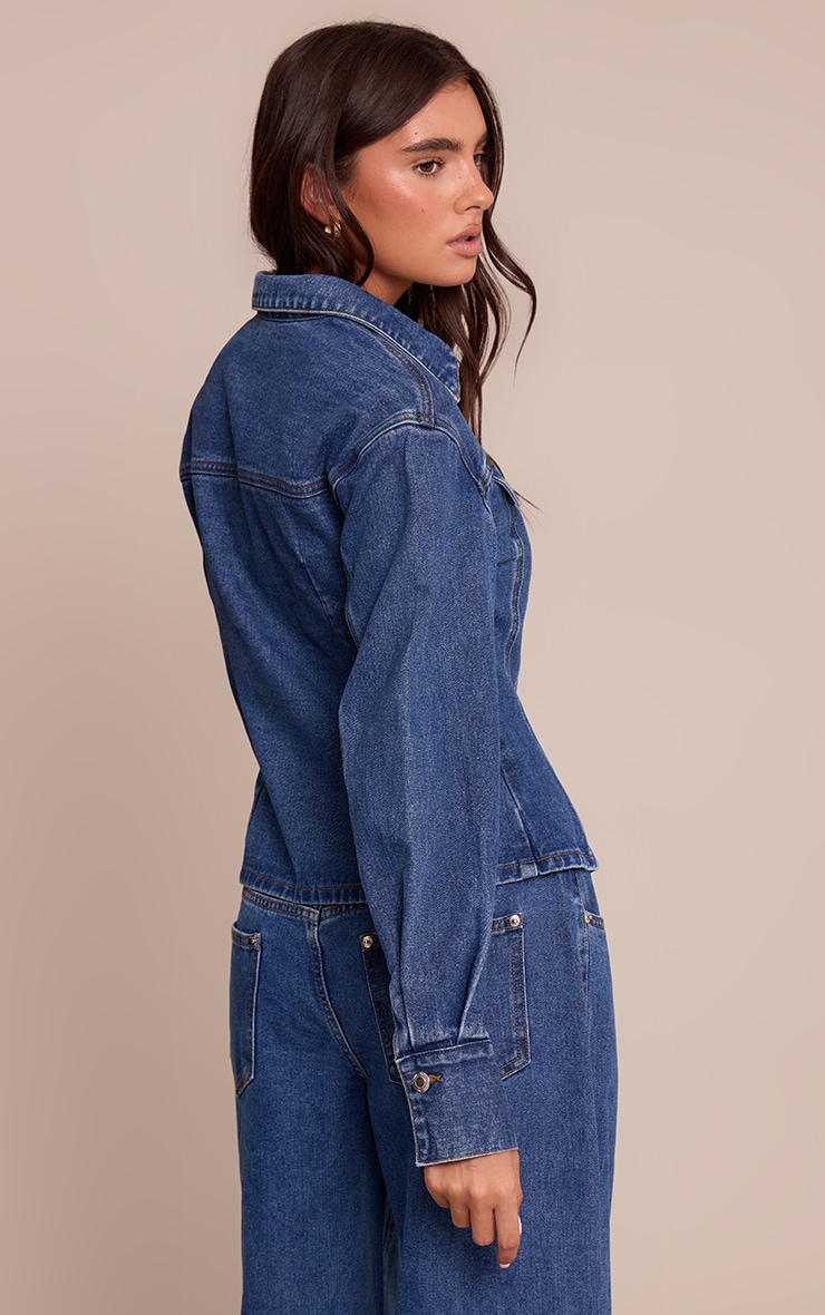 Dark Blue Long Sleeve Cinched Waist Denim Jacket image 2