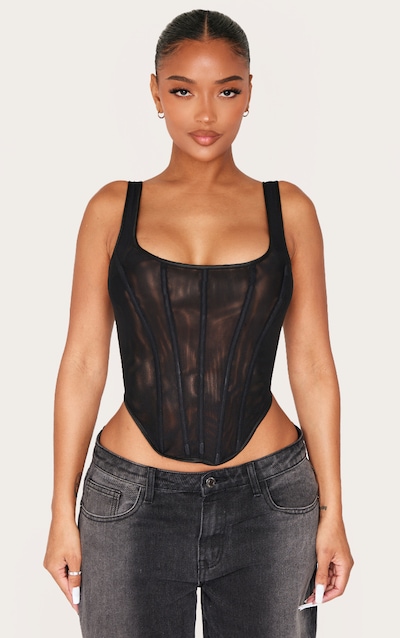 Shape Black Mesh Square Neck Corset Top