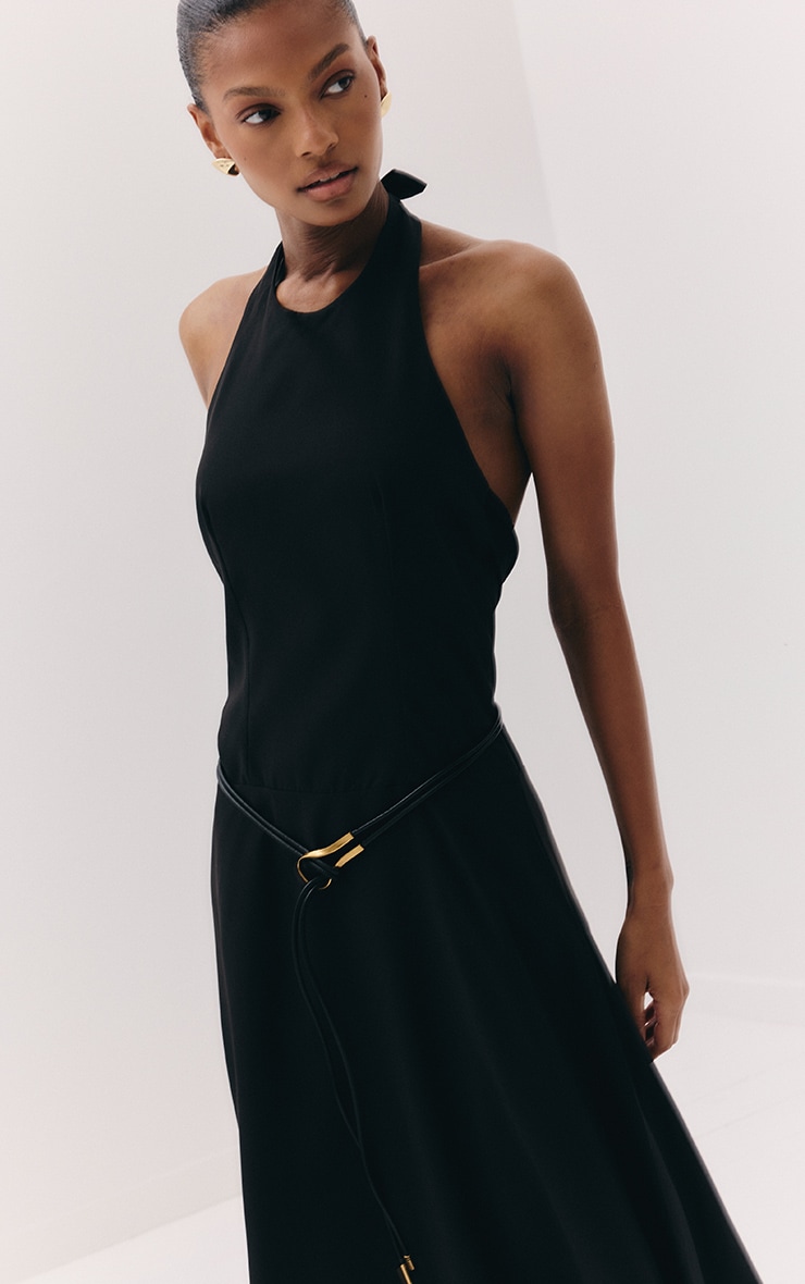 Black Tailored Halterneck Maxi Dress image 4