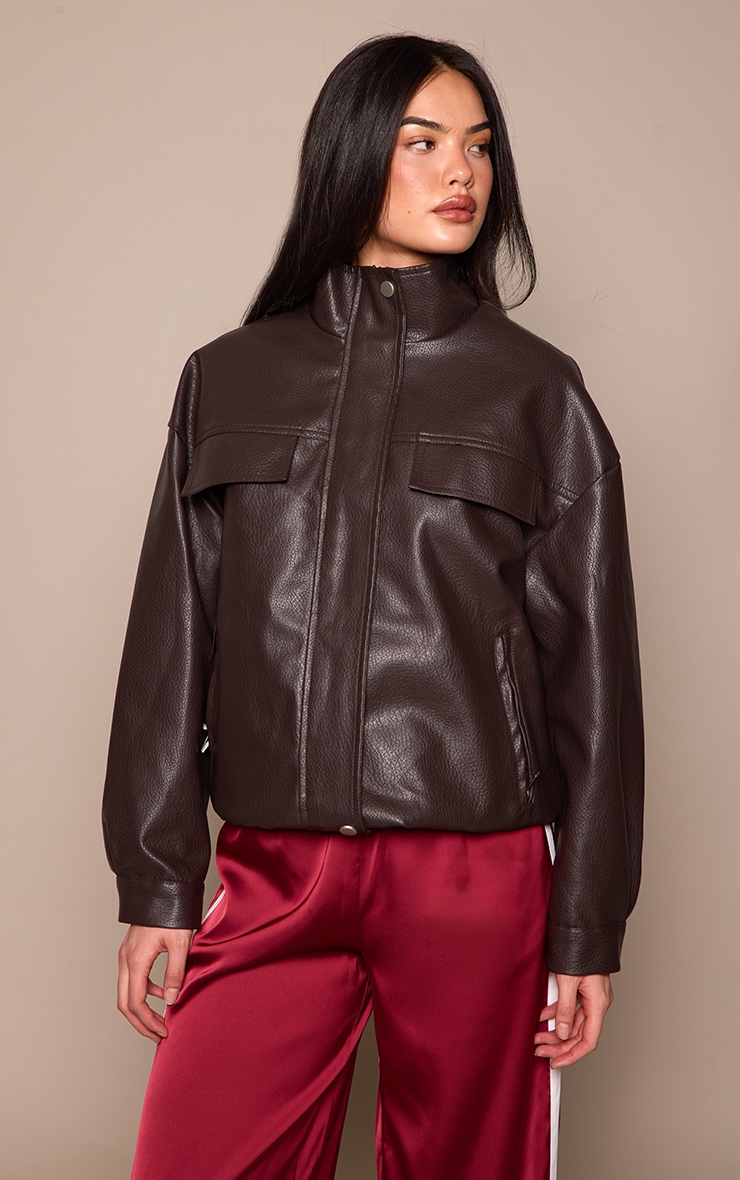 Chocolate Funnel Neck Concealed Placket Faux Leather Jacket