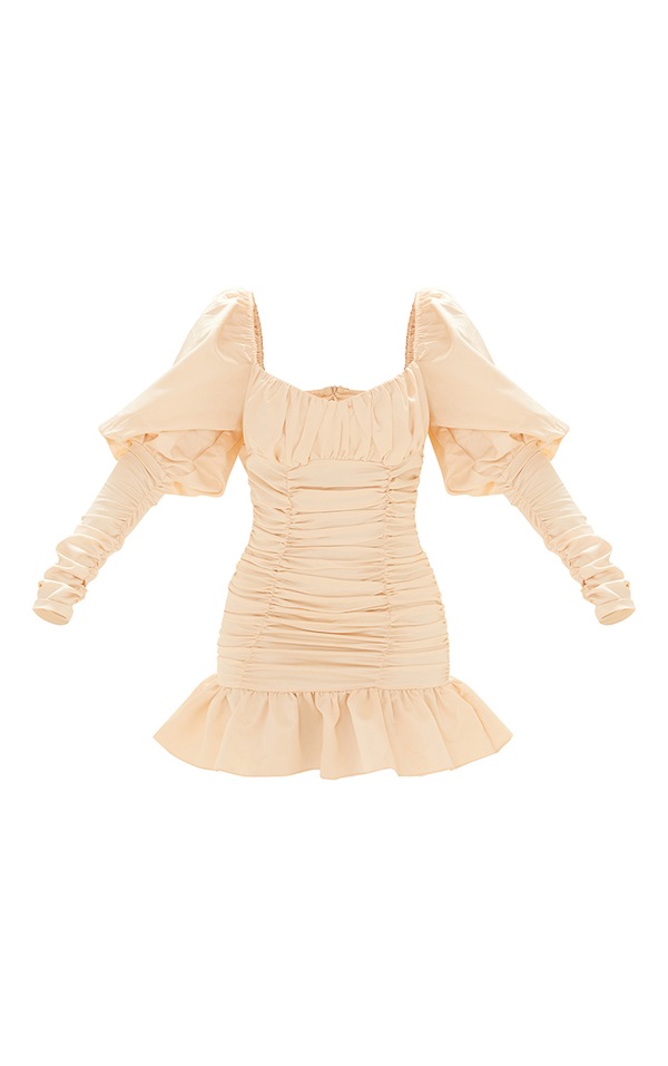 Samaire Puff Sleeve Ruched Bodycon Dress Marbled Print Nude