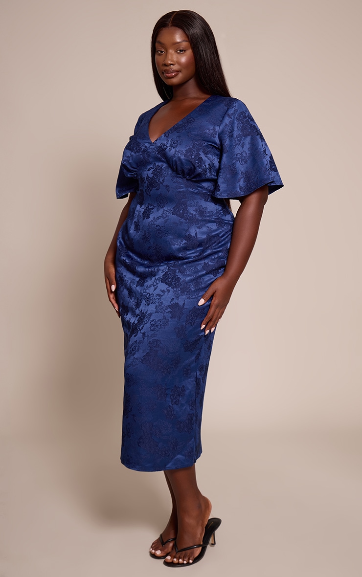Plus Navy Floral Jacquard Puff Sleeve Plunge Neck Midaxi Dress image 3