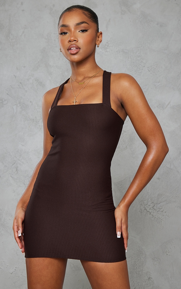 Chocolate Rib Strappy Bodycon Dress Dresses Prettylittlething