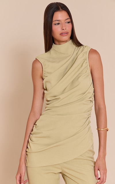 PLT Label Green Tailored Extreme Ruched Asymmetric Top