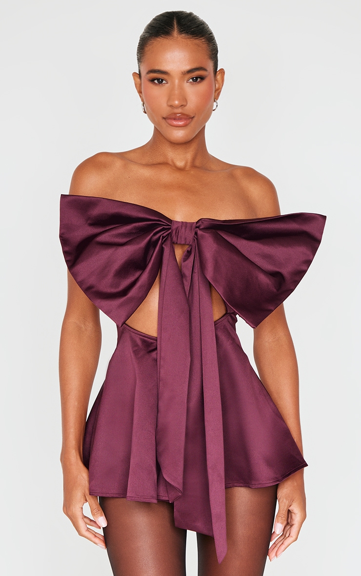 Burgundy Satin Oversized Bow Bandeau Playsuit image 1