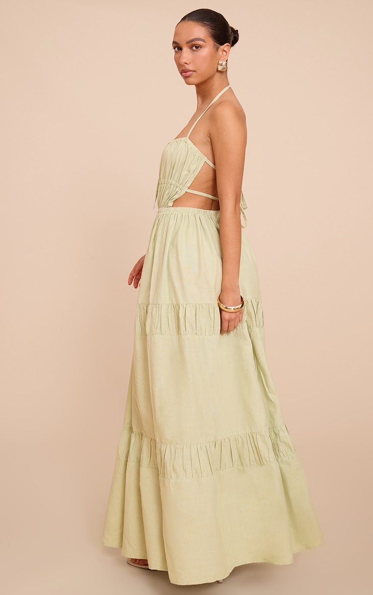 Sage Green Ruched Backless Strappy Maxi Dress image 2