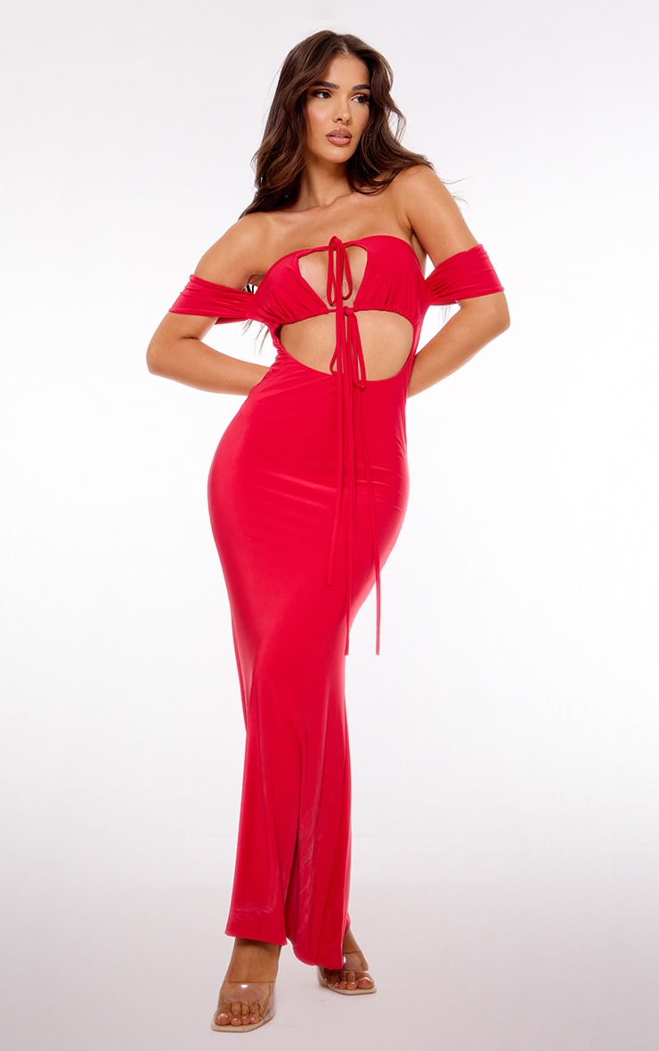 Red Sleeve Detail Double Layer Slinky Maxi Dress image 1