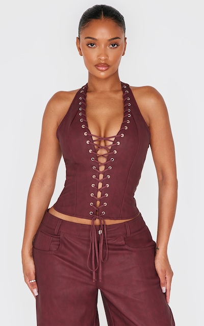 Shape Burgundy Washed Faux Leather Halter Neck Lace Up Corset