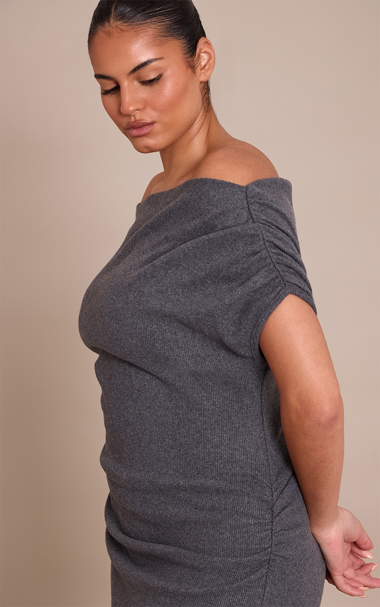 Plus Charcoal Brushed Rib Asymmetric Ruched Detail Maxi Dress image 4