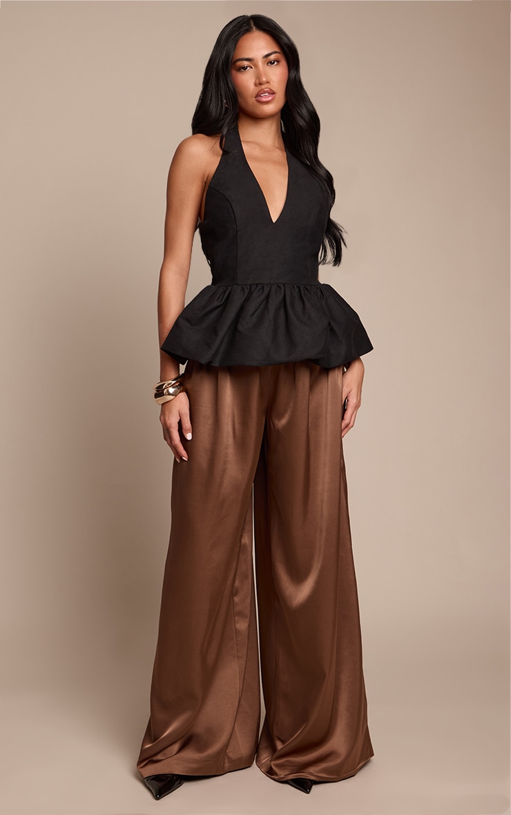 Black Woven Halterneck Peplum Top image 3