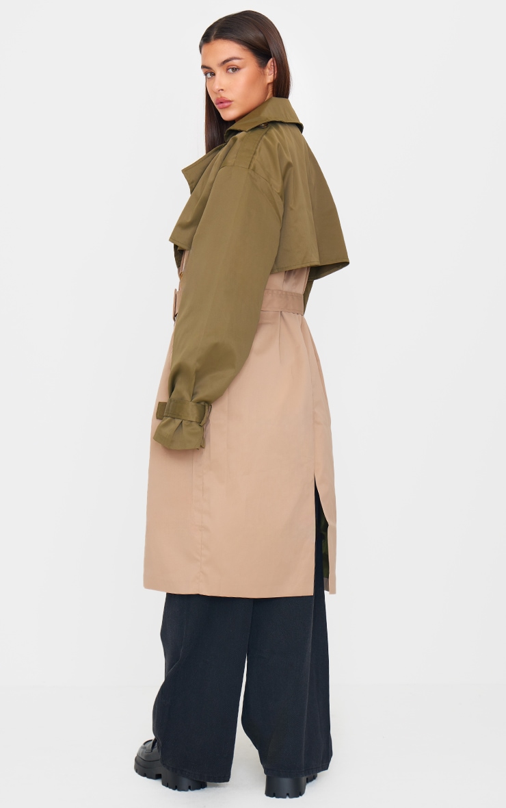 Khaki Contrast Oversized Belted Midi Trench Coat image 2