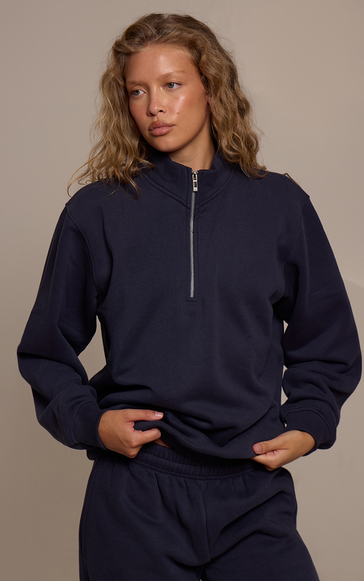 Sweat en coton polaire bleu marine à quart de zip image 4