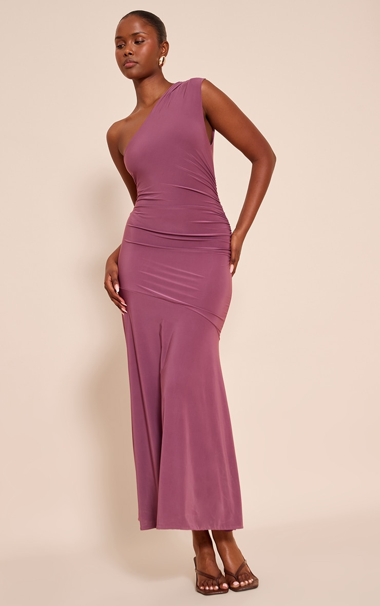 Mauve Double Layer Slinky One Shoulder Ruched Drop Hem Maxi Dress image 3