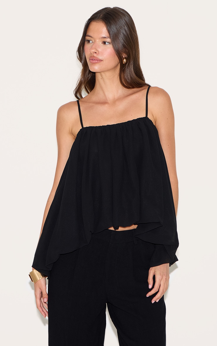Black Puffball Chiffon Spaghetti Strap Cami image 1