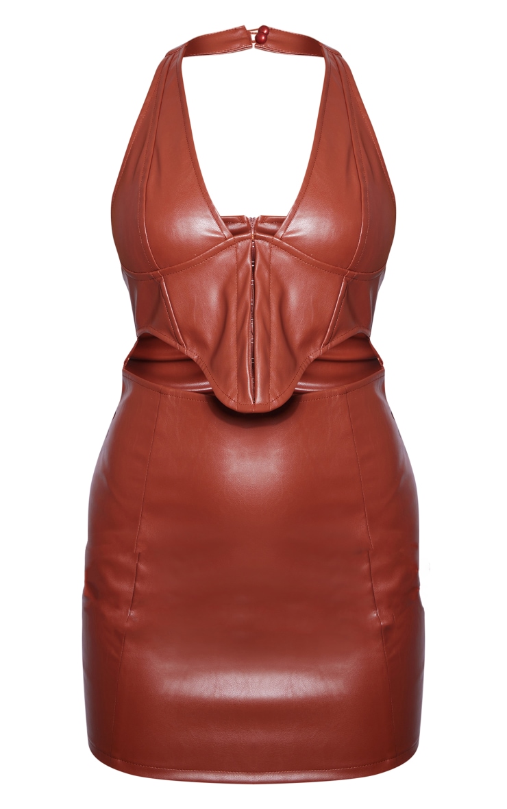 Chocolate Pu Hook & Eye Corset Halter Bodycon Dress image 1