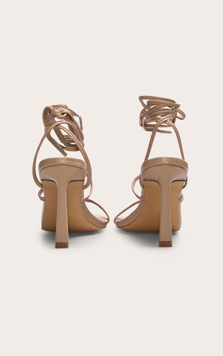 Nude Pu Square Toe Strappy Lace Up Mid Stiletto Heeled Sandals image 4