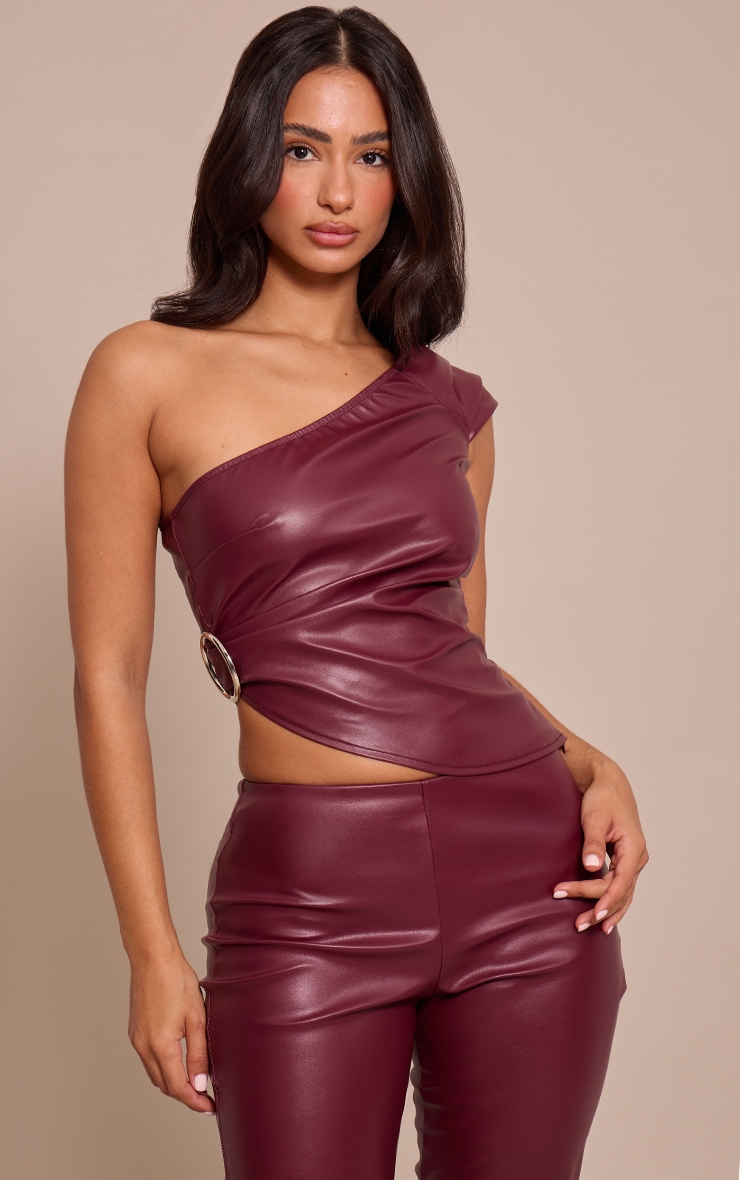 Petite Wine Faux Leather Asymmetric Ring Detail Top image 1