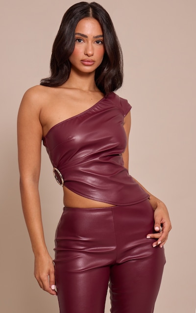 Petite Wine Faux Leather Asymmetric Ring Detail Top
