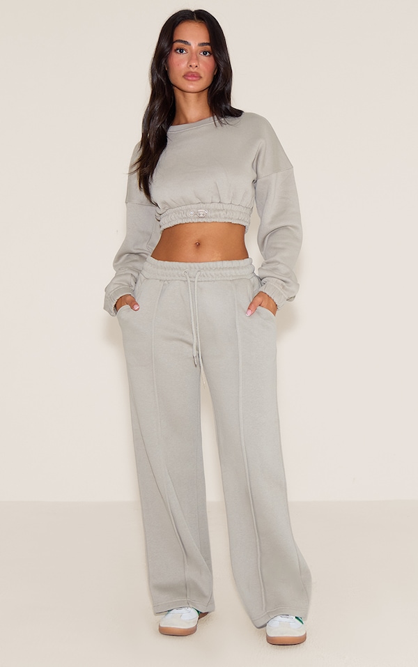 Petite Moss Grey Wide Leg Seam Detailed Track Pants