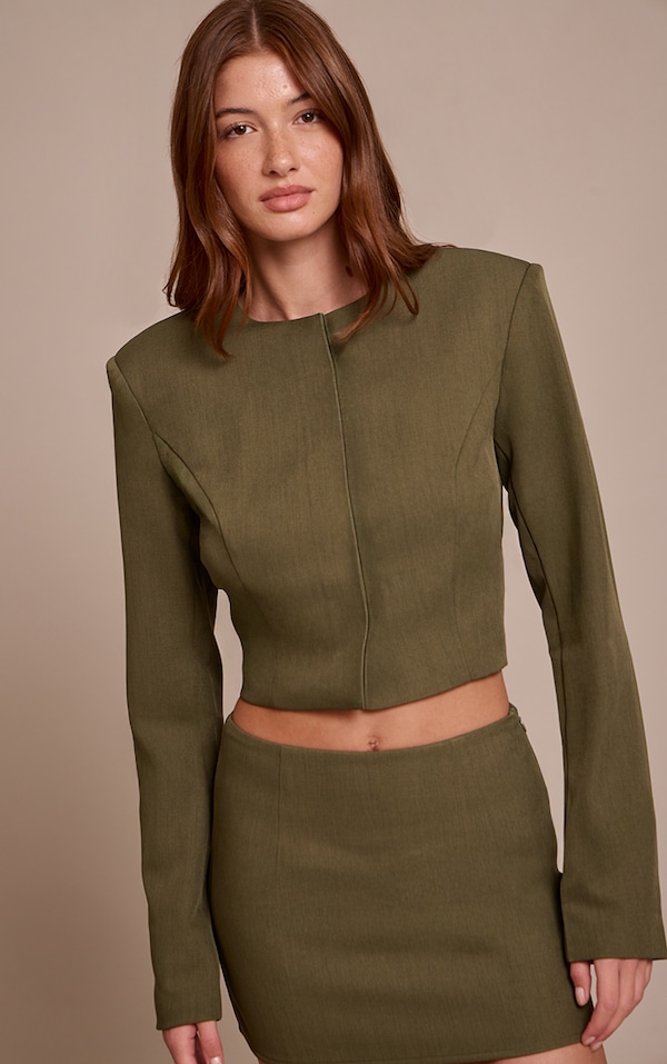 Dark Khaki Tailored Woven Cropped Blazer 