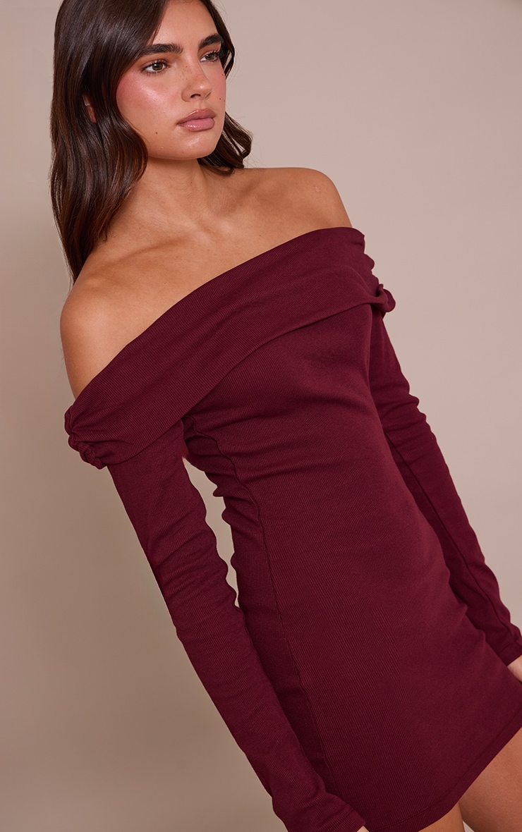 Plum Ribbed Fold Over Bardot Long Sleeve Bodycon Dress image 4