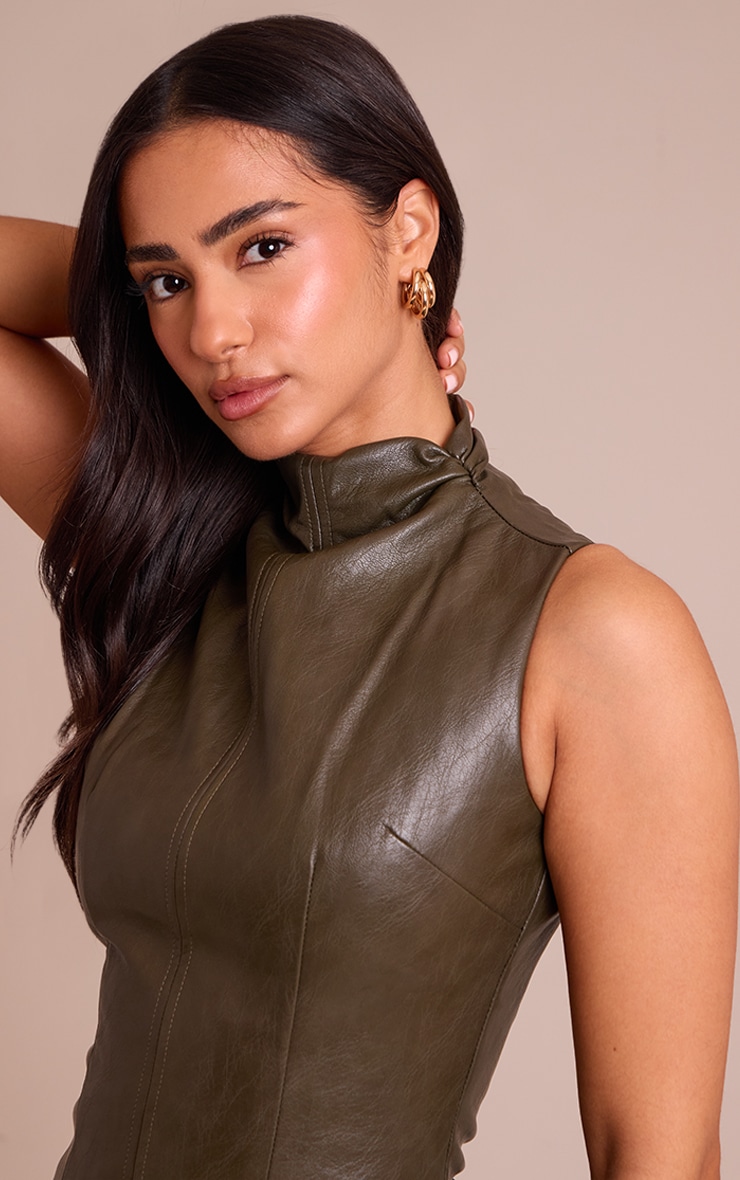 Petite Khaki Faux Leather High Neck Ruched Mini Dress image 4