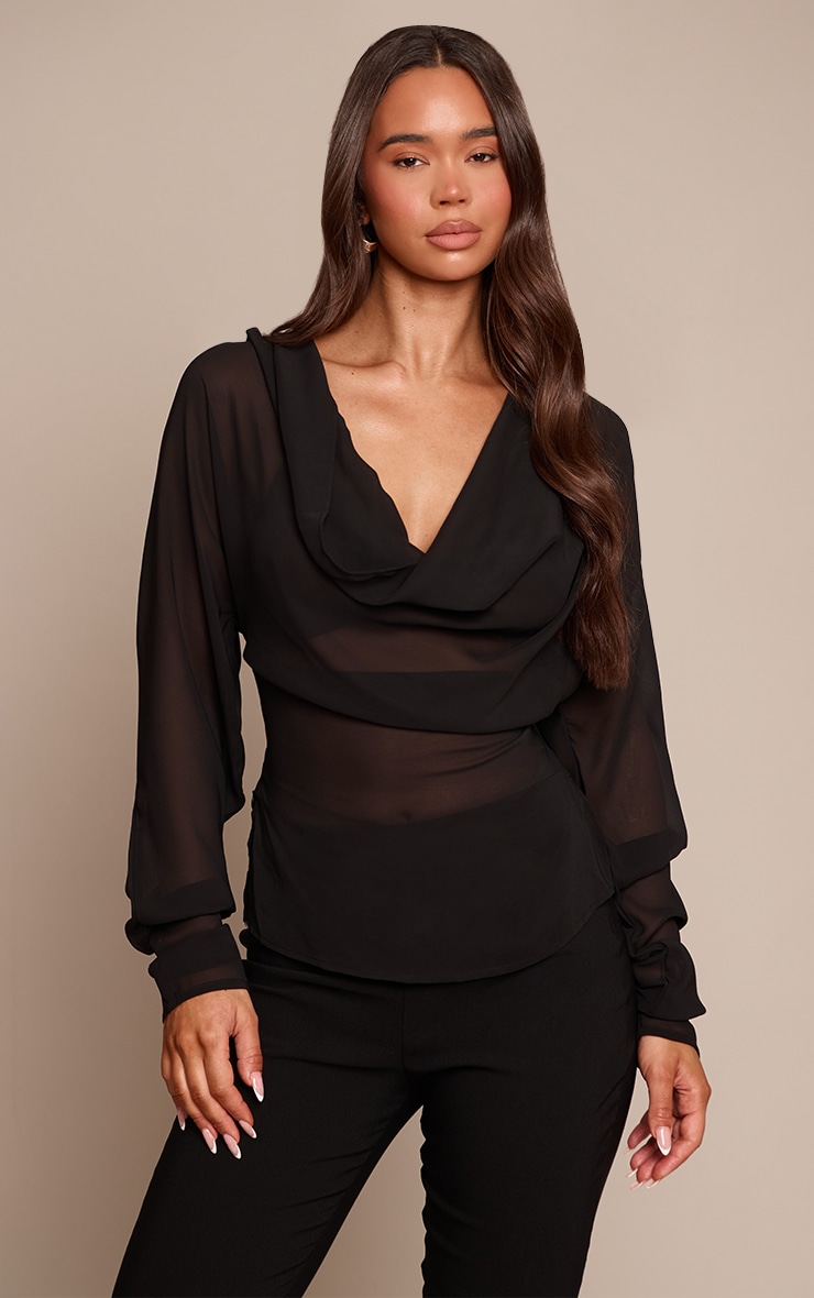 Black Chiffon Cowl Neck Long Sleeve Blouse image 1