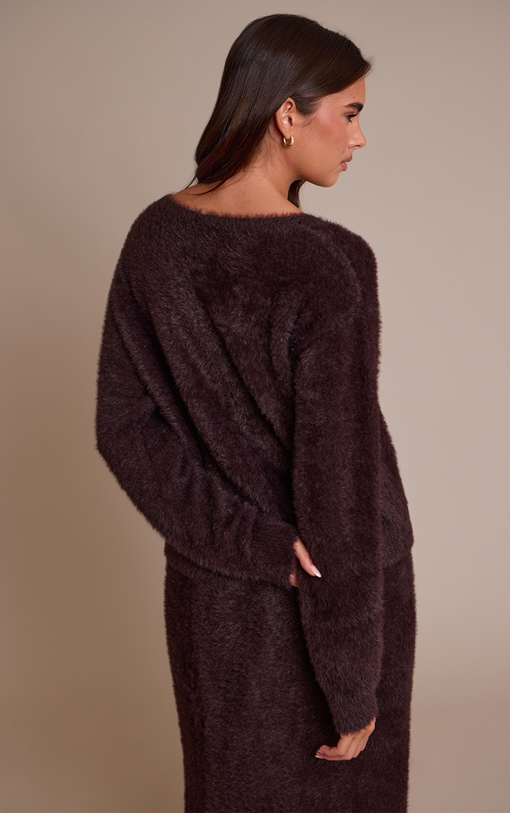 Chocolate Fluffy V Neck Knitted Oversized Jumper image 2