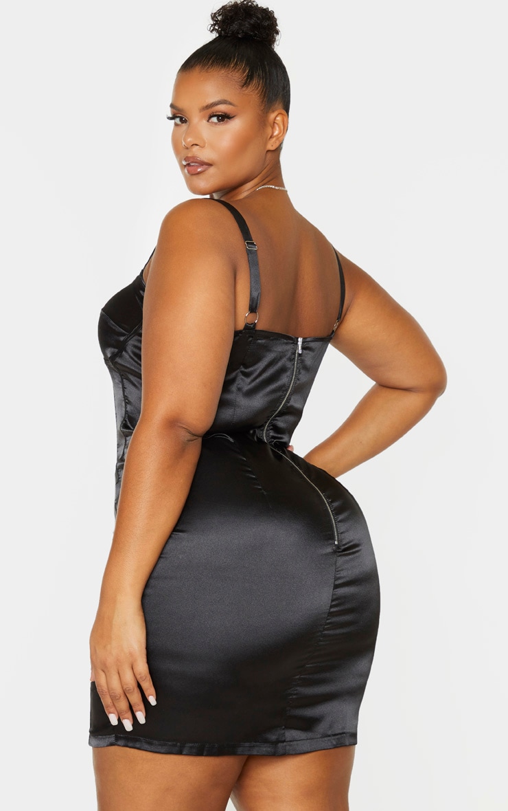 Plus Black Satin Corset Detail Bodycon Dress image 2