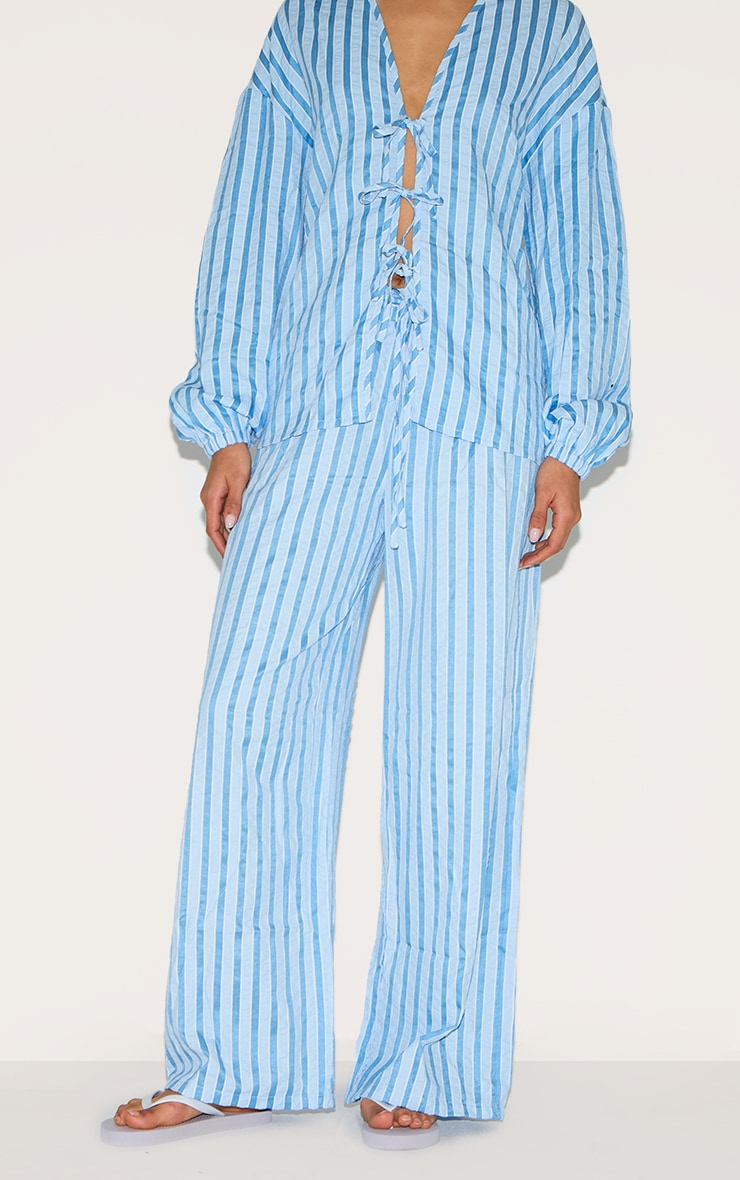 Blue Striped Textured Tie Drawstring Wide Leg Pants image 2