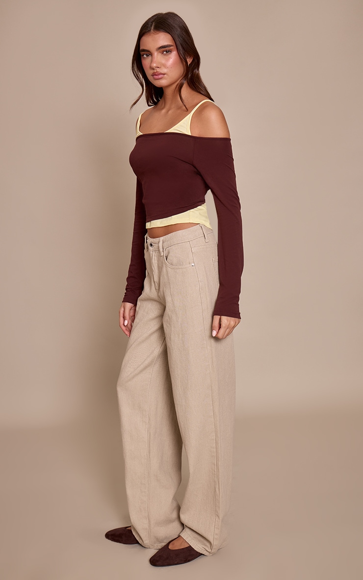 Chocolate Cotton Overlay Detail Bardot Long Sleeve Top  image 3