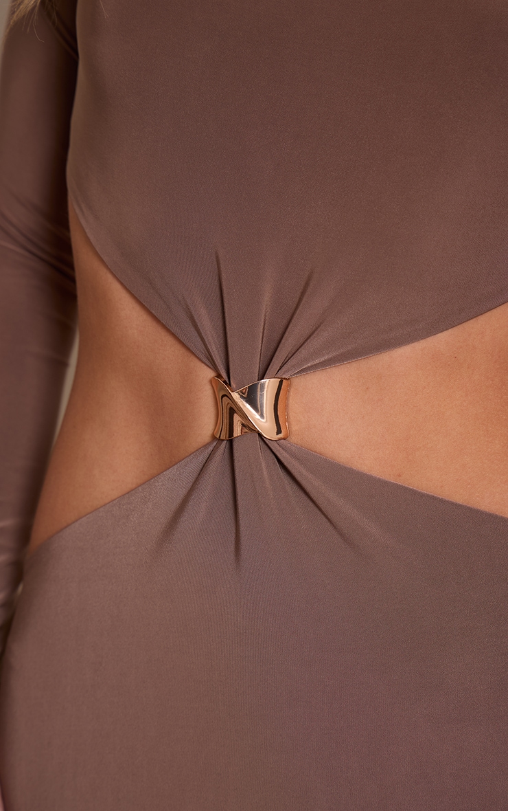 Taupe Double Layer Slinky Long Sleeve Trim Detail Maxi Dress image 4