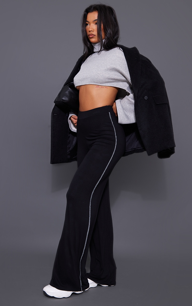Black Jersey Contrast Seam Wide Leg Trousers