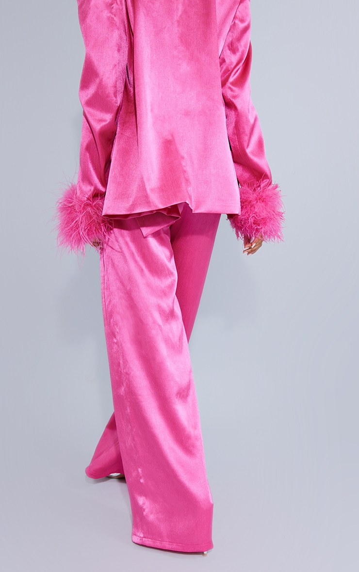 Petite Hot Pink Oversized Satin Feather Cuff Detail Suit Pant image 1