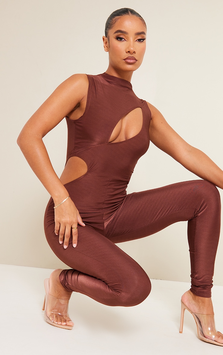 Chocolate Disco Slinky Cut Out Chest Sleeveless Jumpsuit