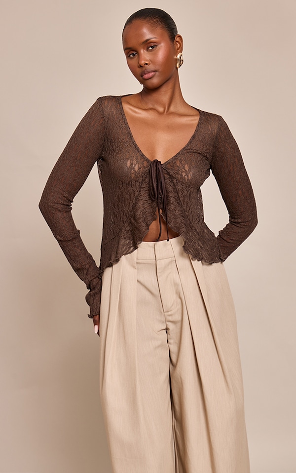 Chocolate Lace Tie Front Ruffle Long Sleeve Top