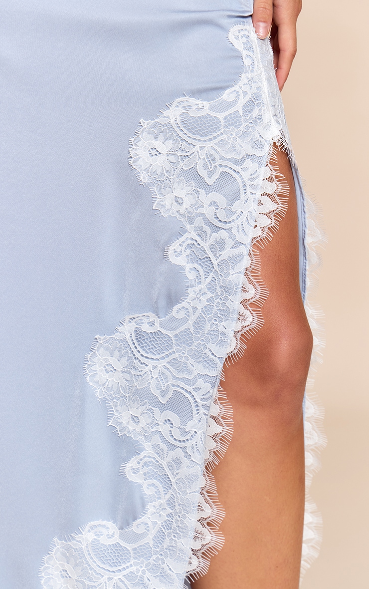 Blue Satin Lace Side Split Maxi Skirt image 4