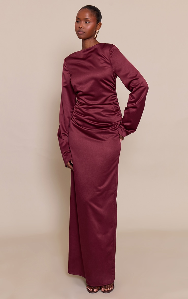 Wine Satin High Neck Flared Sleeve Maxi Dress image 1