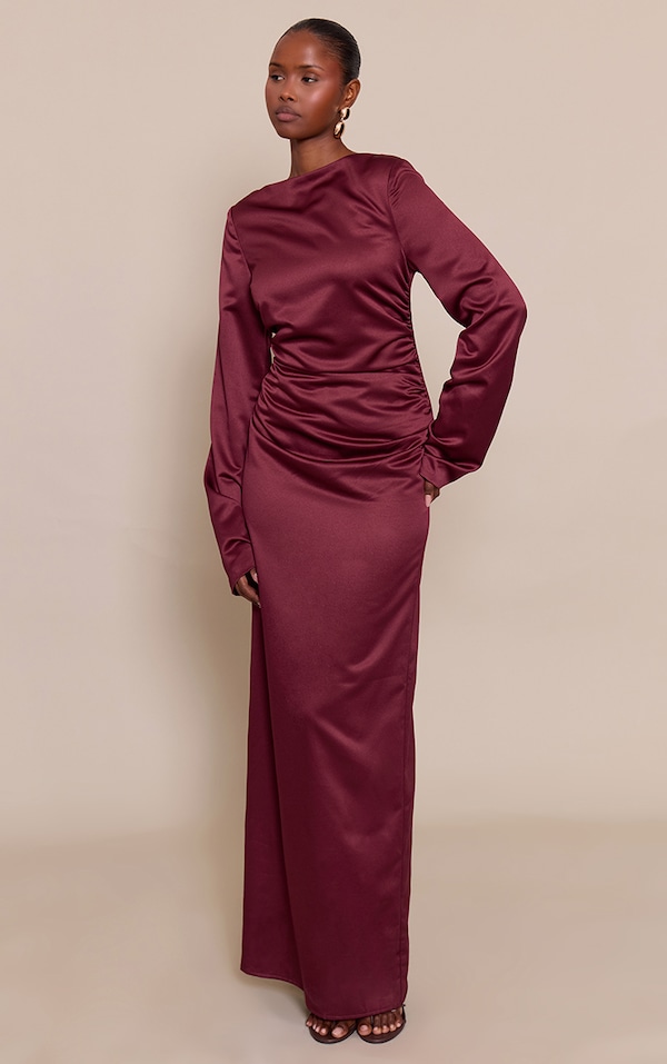 Wine Satin High Neck Flared Sleeve Maxi Dress