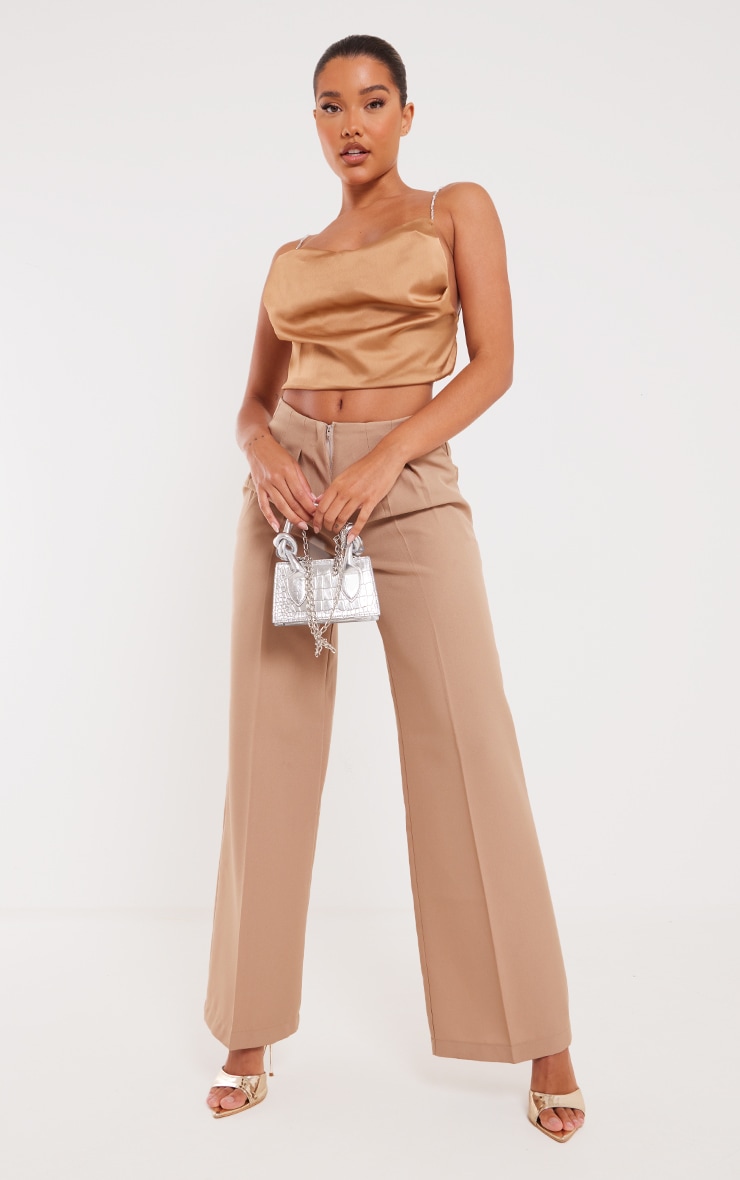 Camel Satin Diamante Tie Back Top image 3