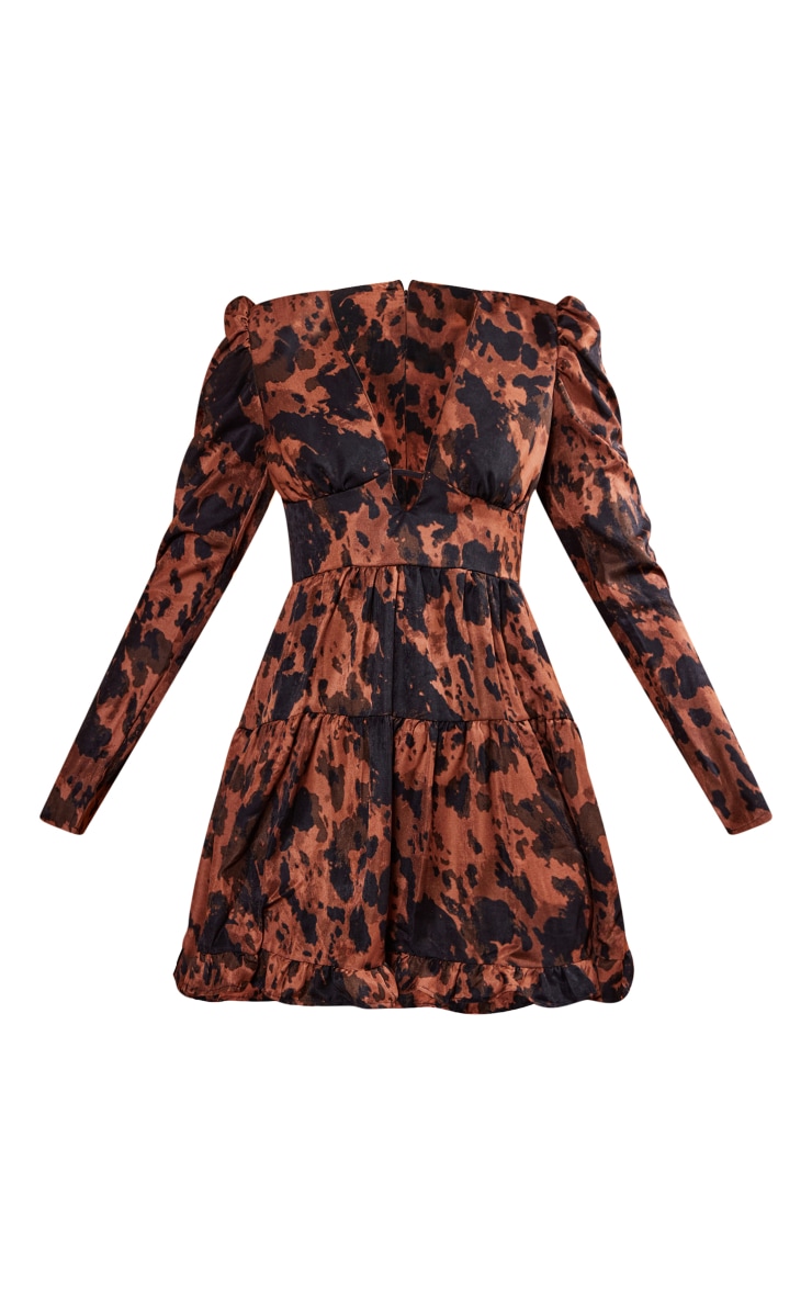 Chocolate Abstract Puff Sleeve Frill Hem Tea Dress image 5
