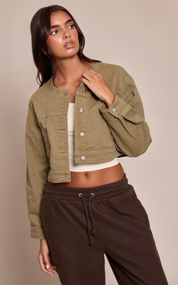 Olive Collarless Cropped Denim Jacket