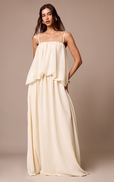 Cream Chiffon Layered Puffball Maxi Dress